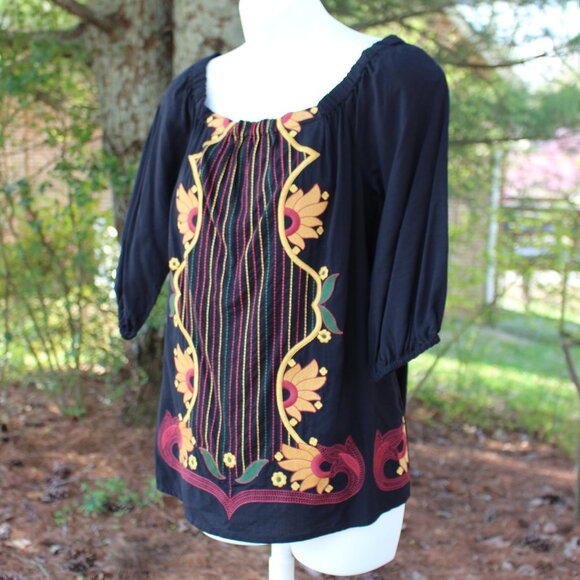 Skies Are Blue Women's Black Sunflower Embroidered Tunic Top Size XS - Picture 6 of 8